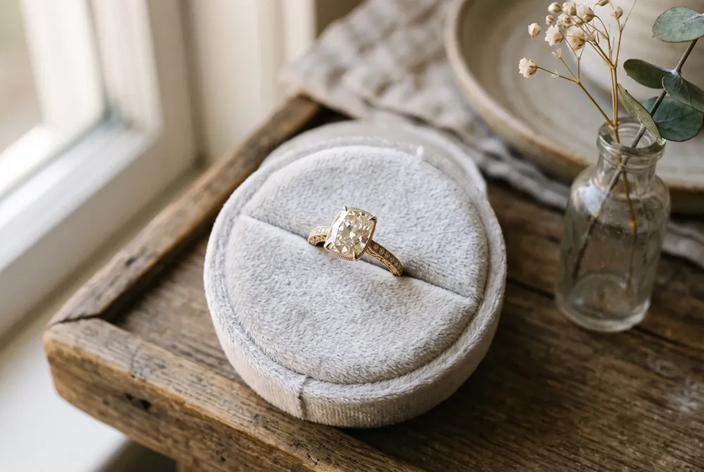 The elongated cushion cut offers a romantic, vintage silhouette with softly rounded corners and generous finger coverage, echoing antique hand-faceted diamonds while remaining more accessible than a true old mine stone.