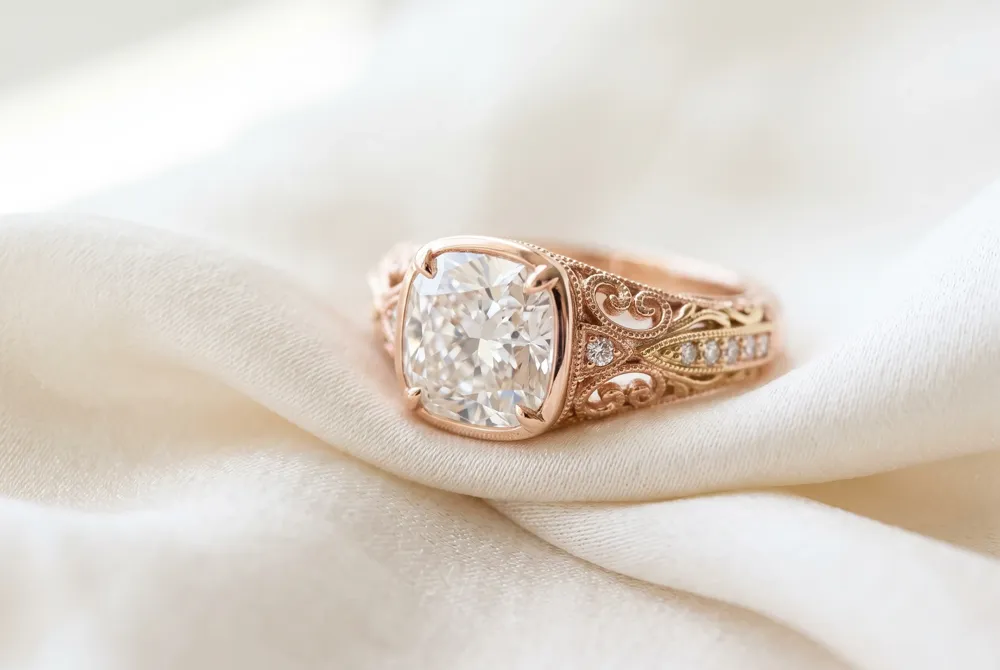 The old mine cushion's broad facets and open culet evoke heirloom romance, with side stones and warm gold or rose metal framing a stone that whispers vintage elegance rather than shouting brilliance.