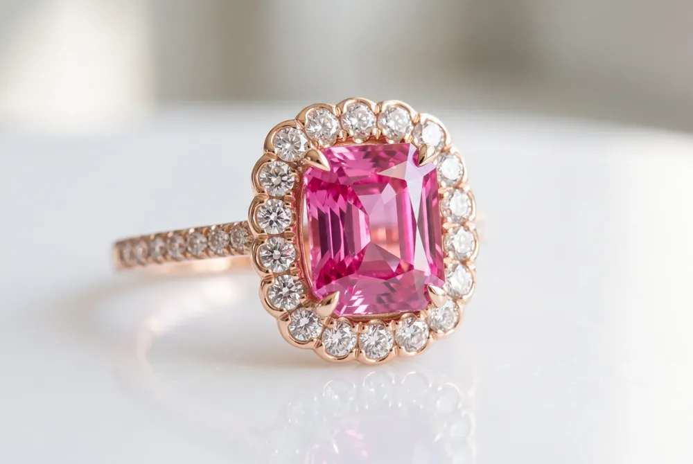 A dazzling halo of colorless moissanites encircles a round or cushion-cut pink moissanite, creating a regal, heirloom-inspired silhouette with timeless romantic appeal.
