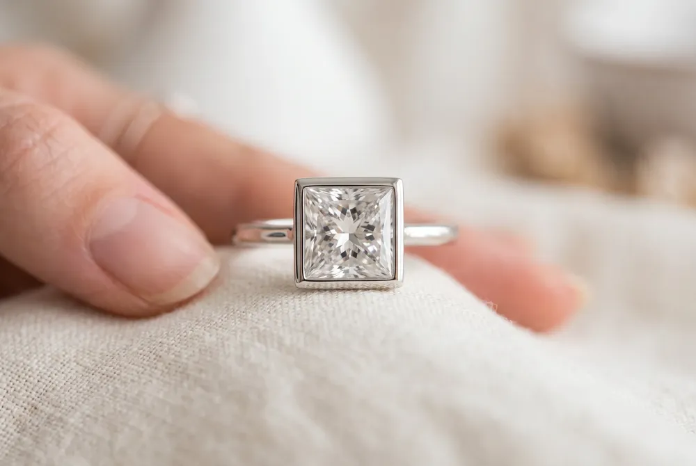 Experience the seamless fusion of protection and style with a bezel setting that expertly frames your princess cut stone within a sleek, continuous metallic rim.