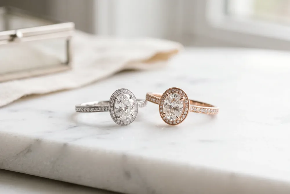 A thoughtful contrast in metal, texture, or detail can make two distinct rings feel beautifully connected.