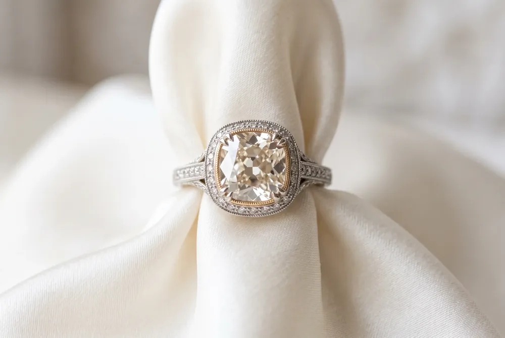 An antique-inspired cushion pairs broad, gentle flashes of light with a romantic sense of history.