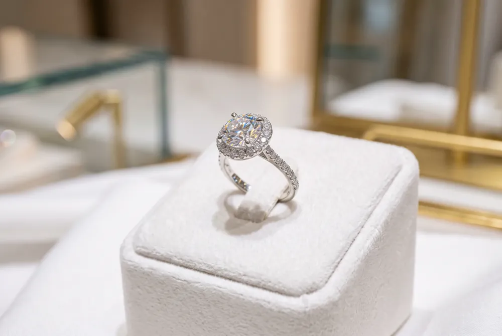 A moissanite halo ring dazzles with extraordinary fire and purpose, creating a luxurious presence that feels far beyond its gentle price.