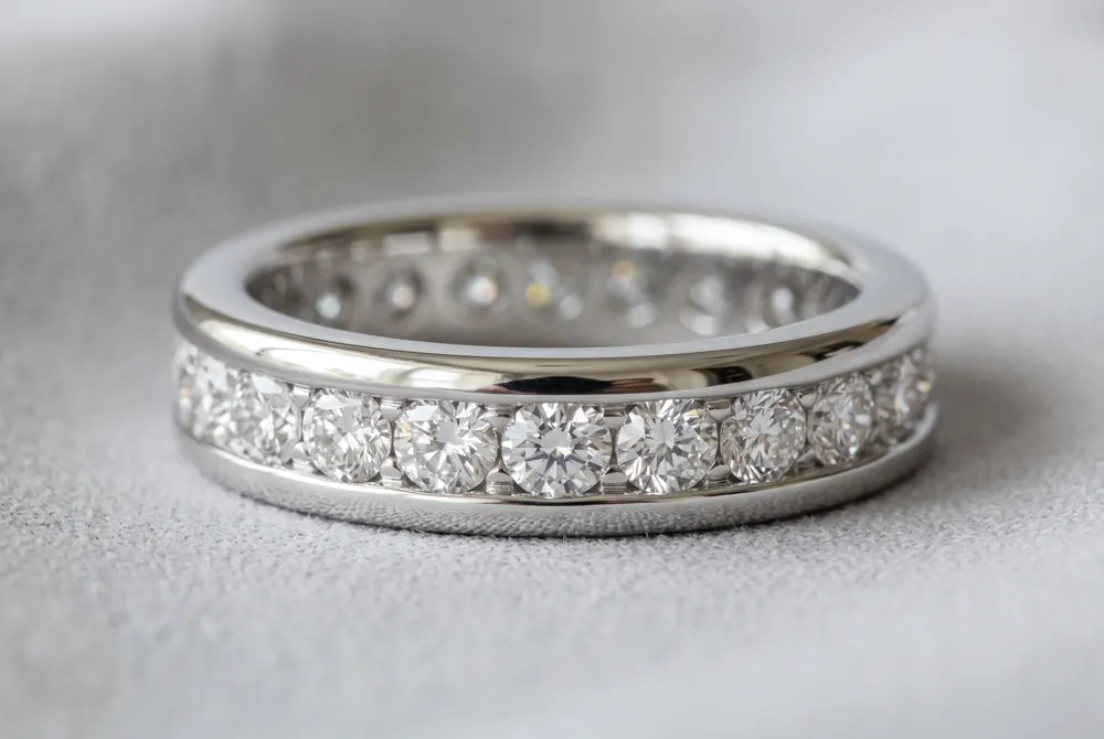 Channel-set eternity bands enclose each stone between metal rails, offering a smooth, snag-resistant surface ideal for active lifestyles and a seamless fit against most engagement rings.