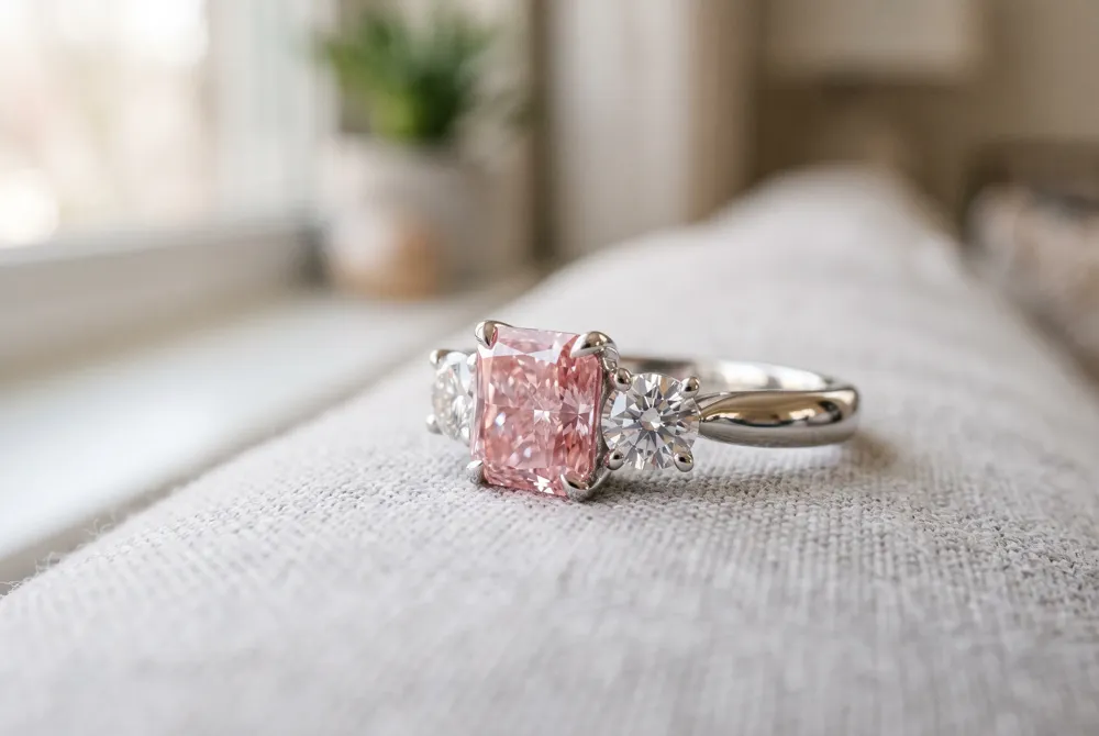 Three stones tell a love story — the radiant pink center represents today, flanked by clear moissanites honoring yesterday and tomorrow in perfect harmony.