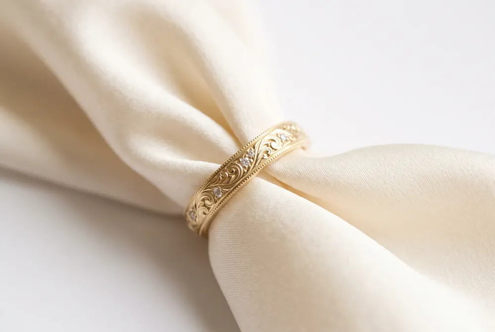Hand engraving and considered diamond accents give a handcrafted gold band a personal sense of character.