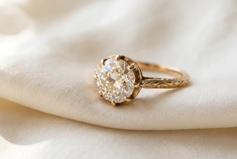 Every element of this custom creation, from the antique cut to the warm gold setting, tells a story of thoughtful design.