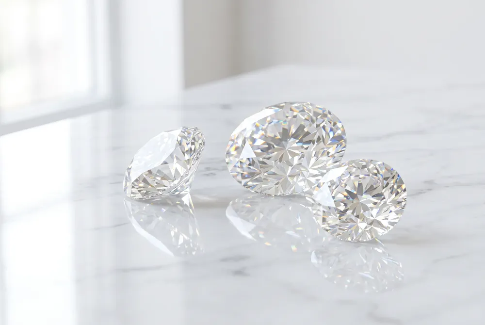 Three stone arrangements enhance the rhythmic hall of mirrors effect while creating a balanced and harmonious silhouette on the finger.