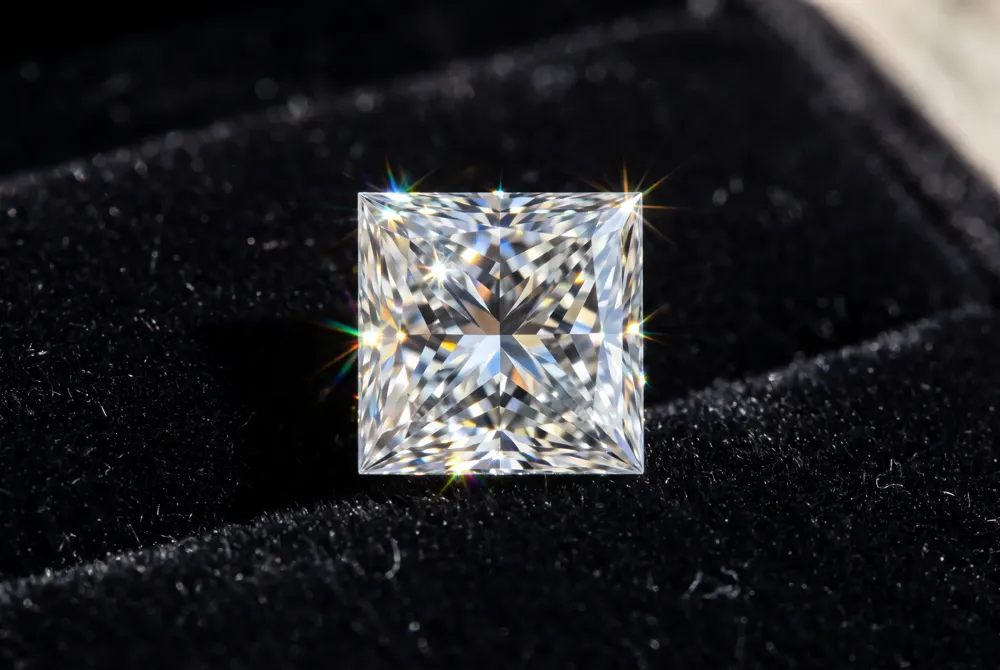 A princess cut diamond offers clean geometry and intense sparkle, a modern contrast to the soft glow of an antique mine cut.