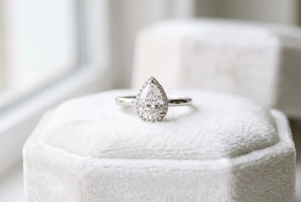 Exquisite filigree details provide a romantic, historical charm that enhances the delicate beauty of a pear-shaped promise ring.