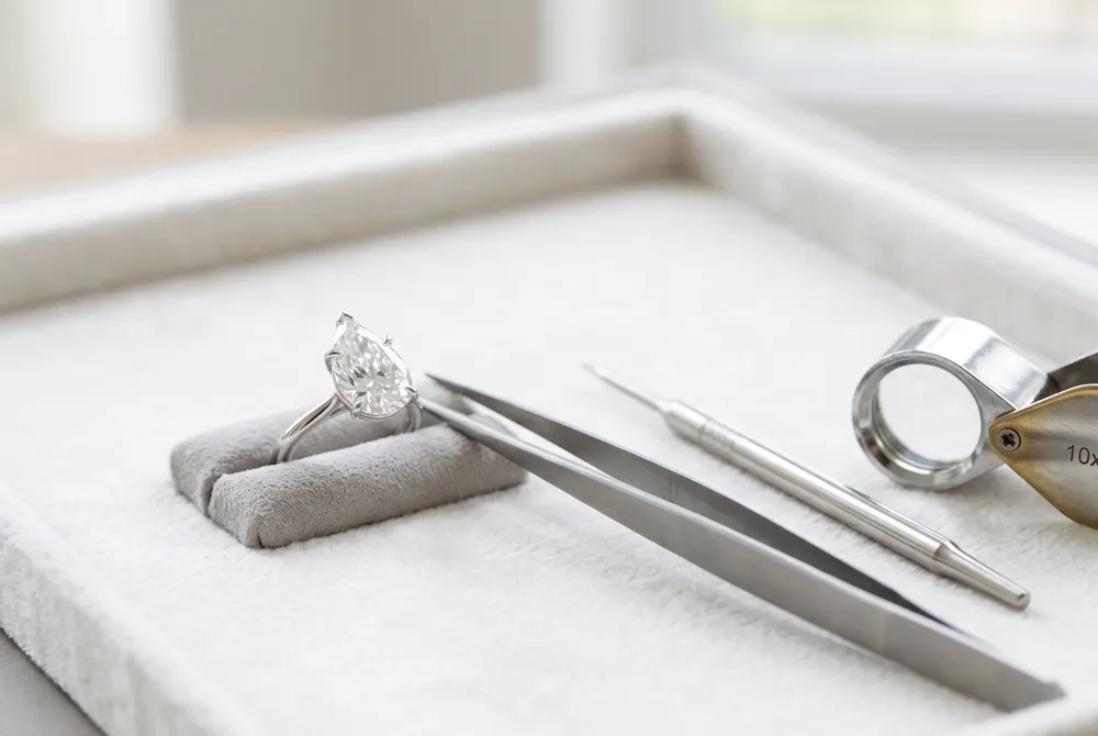 Our jewelry experts provide refined guidance on selecting the perfect pear cut and ensuring its longevity through secure, bespoke protective settings.