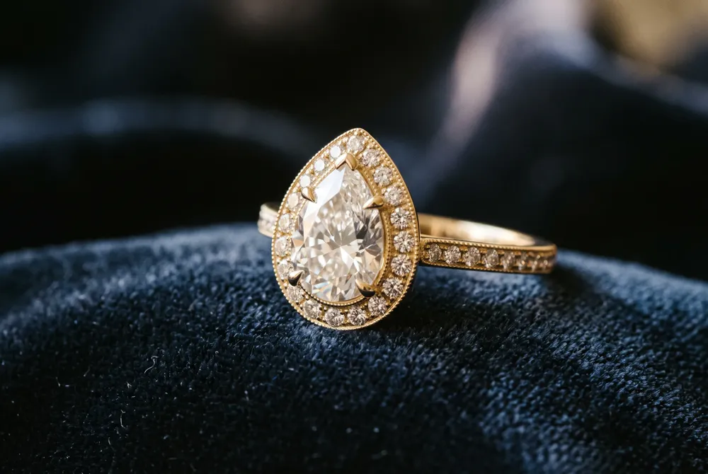 A halo of smaller diamonds encircles the pear shape, amplifying its brilliance with a vintage-inspired, romantic glow.