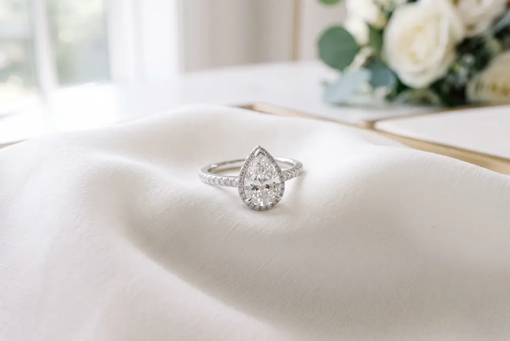 Cherished for its unique teardrop silhouette, the pear shaped diamond beautifully captures the depth and brilliance of your most profound promises.
