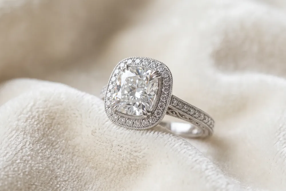 A halo of smaller stones frames the cushion center with graceful symmetry and vintage-inspired detail.