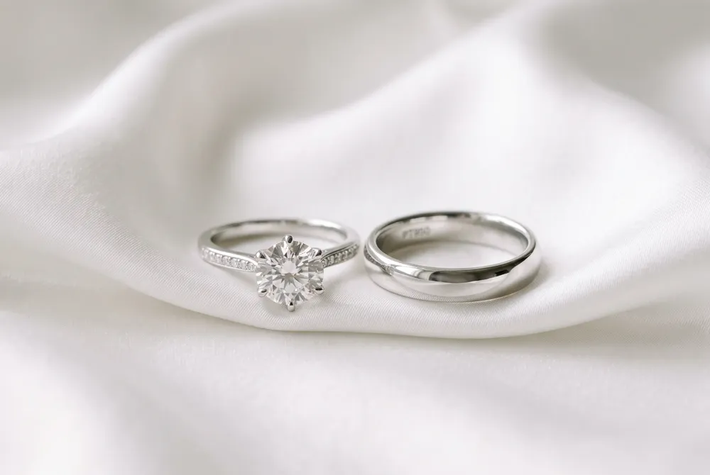The engagement ring rises as a brilliant centerpiece, while the wedding band offers quiet, graceful simplicity for a lifetime of wear.