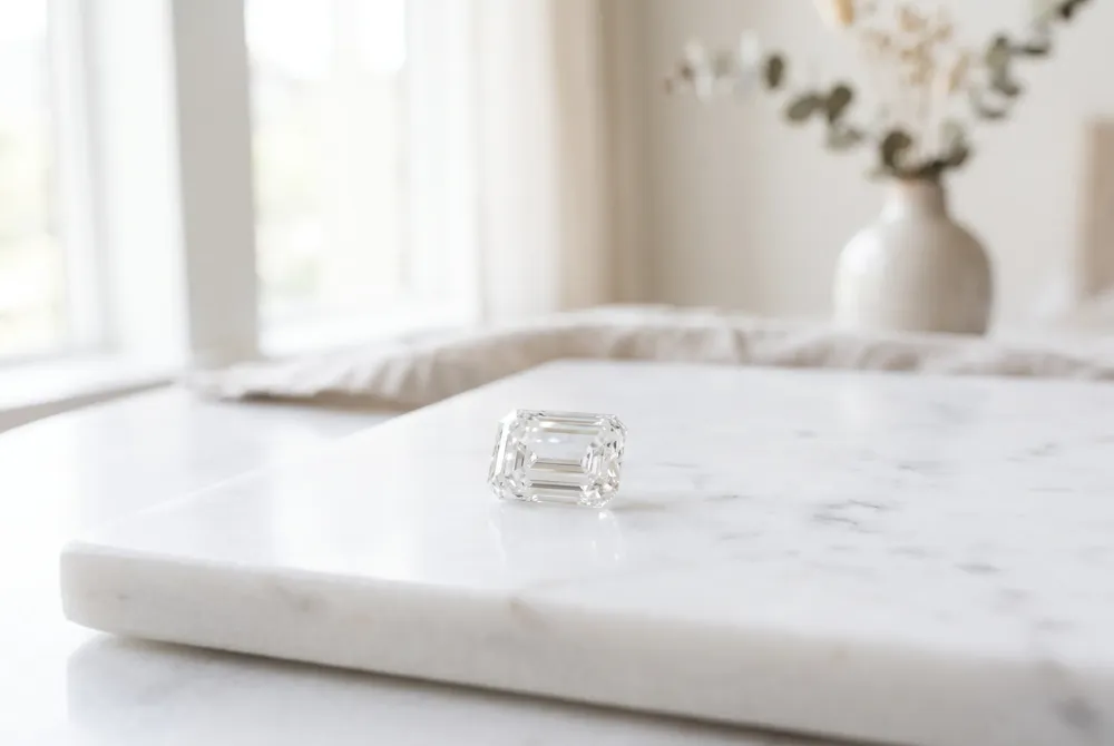 The classic solitaire emerald cut design celebrates the pure, geometric elegance of the stone in its most refined and minimalist form.