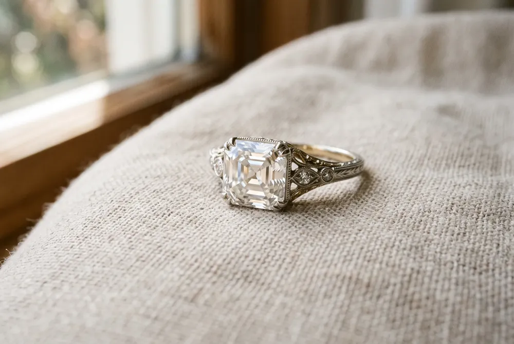 Commissioning a custom old mine or Asscher cut diamond ring gives you complete control over every detail, allowing you to achieve the same antique spirit as a celebrity-inspired piece at a fraction of the cost.