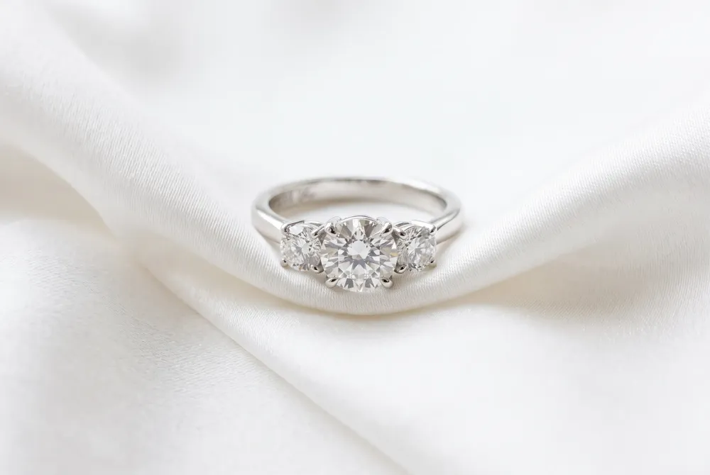 Symbolize your journey with an elegant three-stone ring, expertly crafted to harmonize the soft brilliance of cushion-cut moissanite.