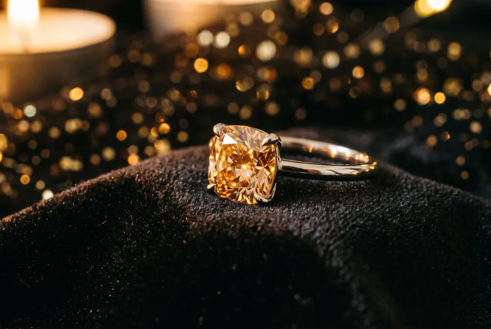 The cushion cut's softly rounded corners and pillow-like silhouette produce a warm, luminous glow that beautifully complements moissanite's natural fire and brilliance.