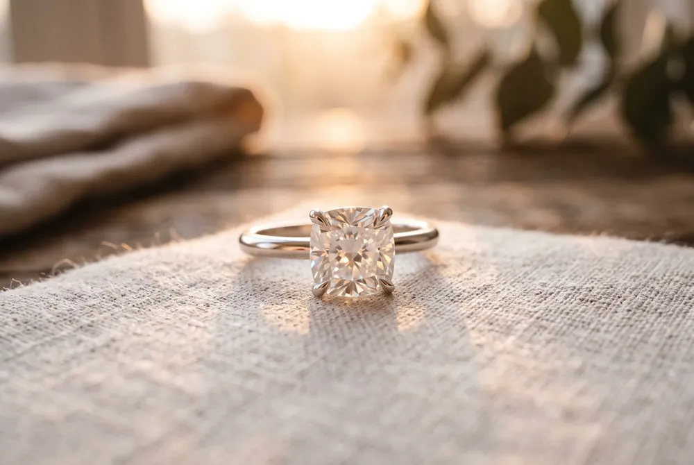 A solitaire setting places the cushion cut moissanite as the singular focus, allowing light to pass through from all angles and maximize its gentle, romantic glow.