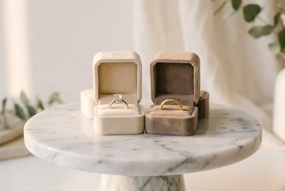 The proposal ring arrives in a moment of joyful anticipation, while the wedding band is exchanged later as you speak your vows, each marking a distinct chapter in your love story.