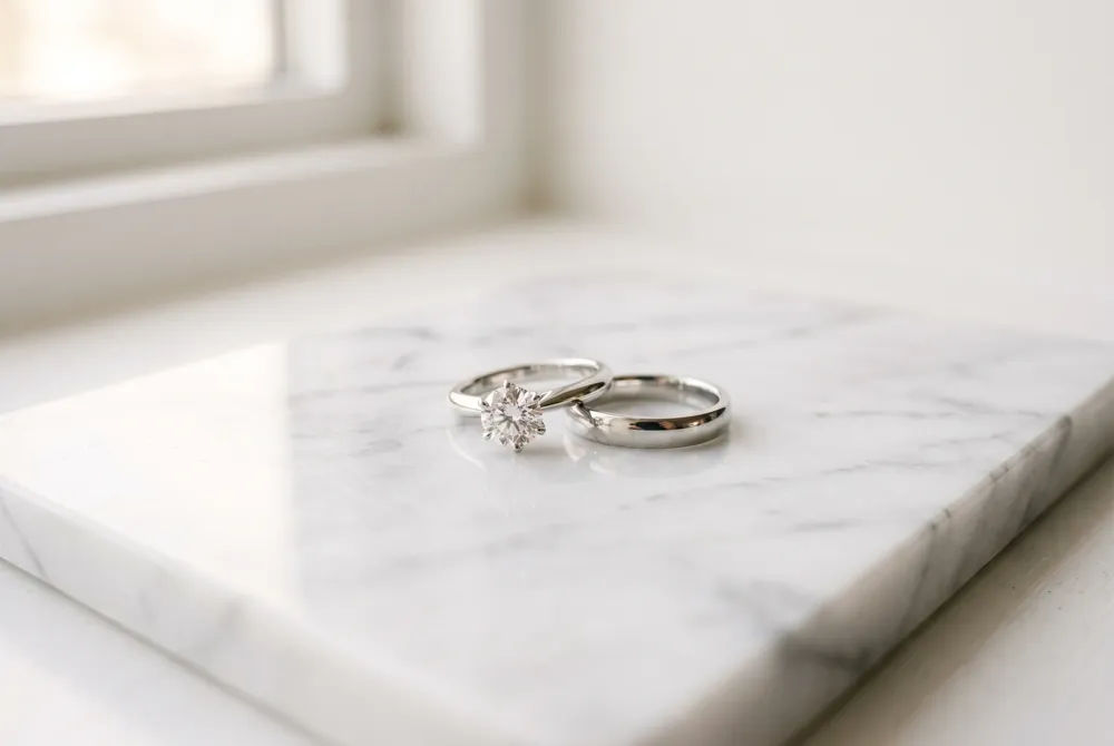 The engagement ring serves as a radiant promise of your future, while the wedding band stands as a timeless, enduring emblem of your final vows.