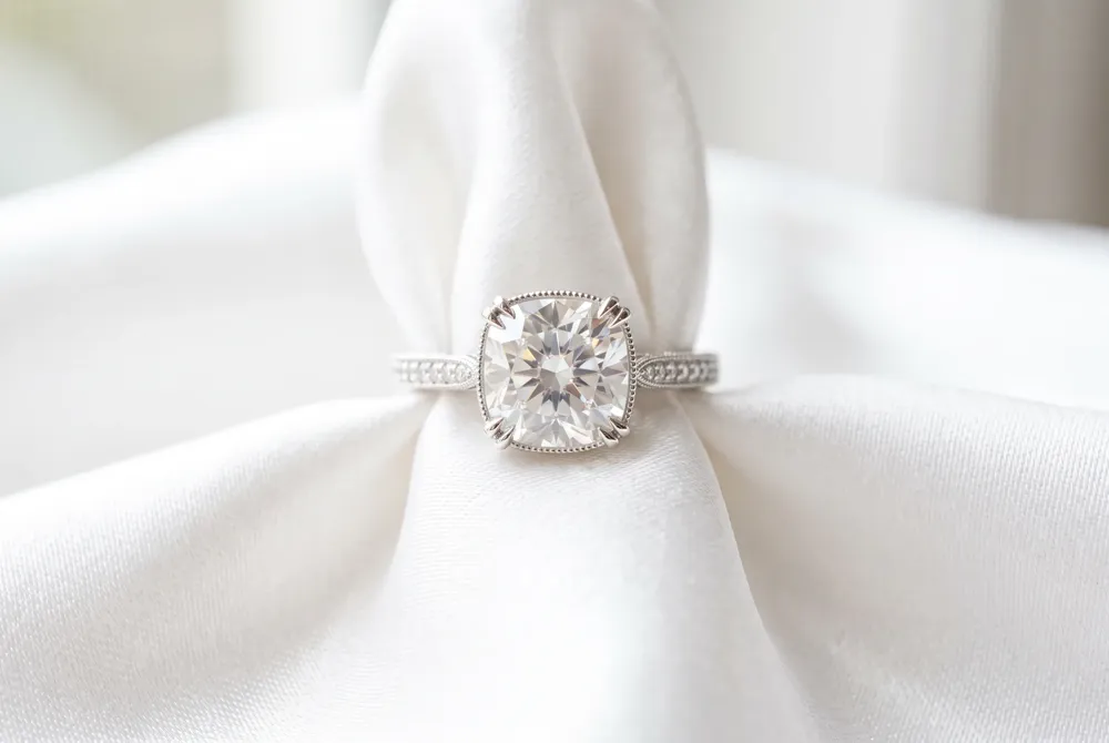 A softly faceted cushion solitaire places the moissanite’s light at the heart of a timeless, vintage-inspired design.
