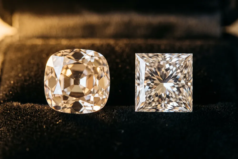 Though both shapes appear square from above, the old mine cut's hand-cut facets and candlelit warmth set it apart from the modern princess cut.