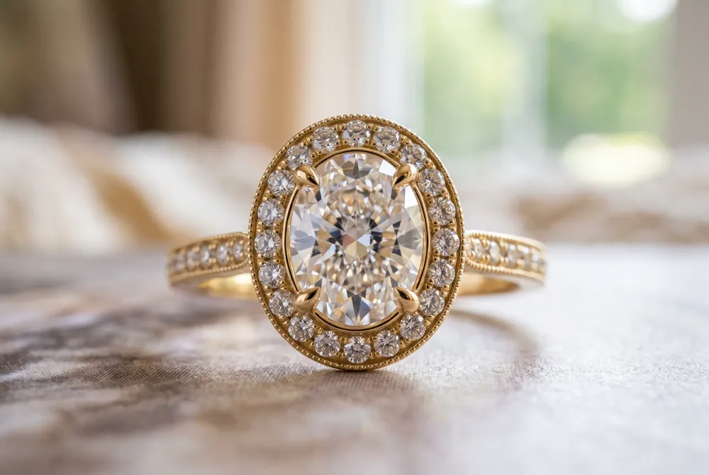 Encircling the center marquise with a halo of smaller diamonds amplifies brilliance and visual presence while adding a protective frame around the stone's pointed ends.