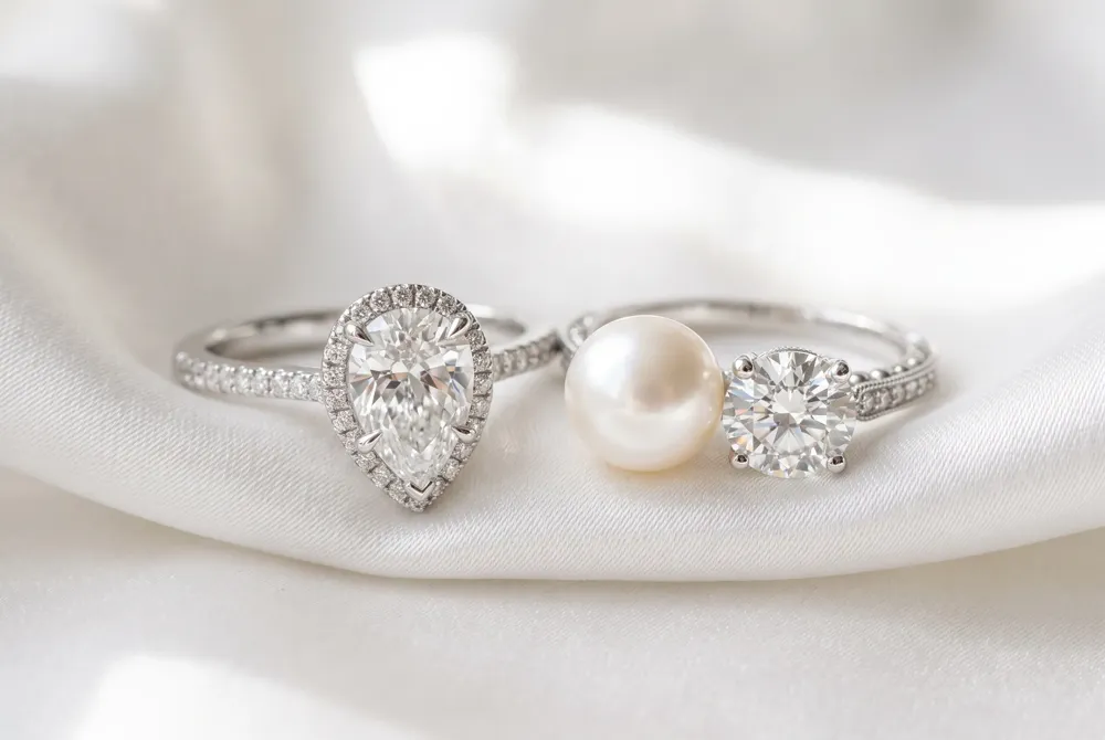 The toi et moi setting pairs two distinct center stones side by side, with the pear silhouette creating graceful visual balance alongside a contrasting cut or colored gemstone.