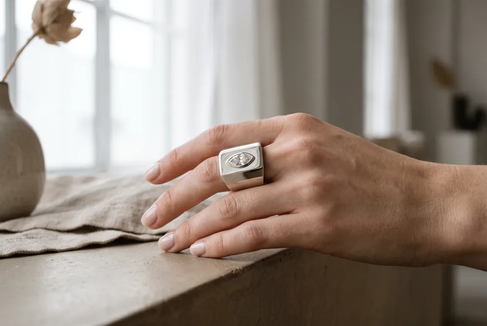 Rotating the marquise cut horizontally creates a bold, architectural statement for couples who desire a refreshingly modern silhouette.