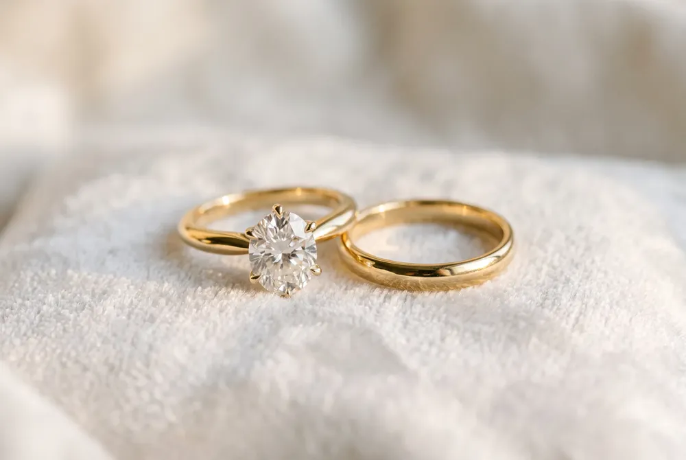 The engagement ring dazzles with its statement design, while the wedding band embraces timeless simplicity for daily wear.