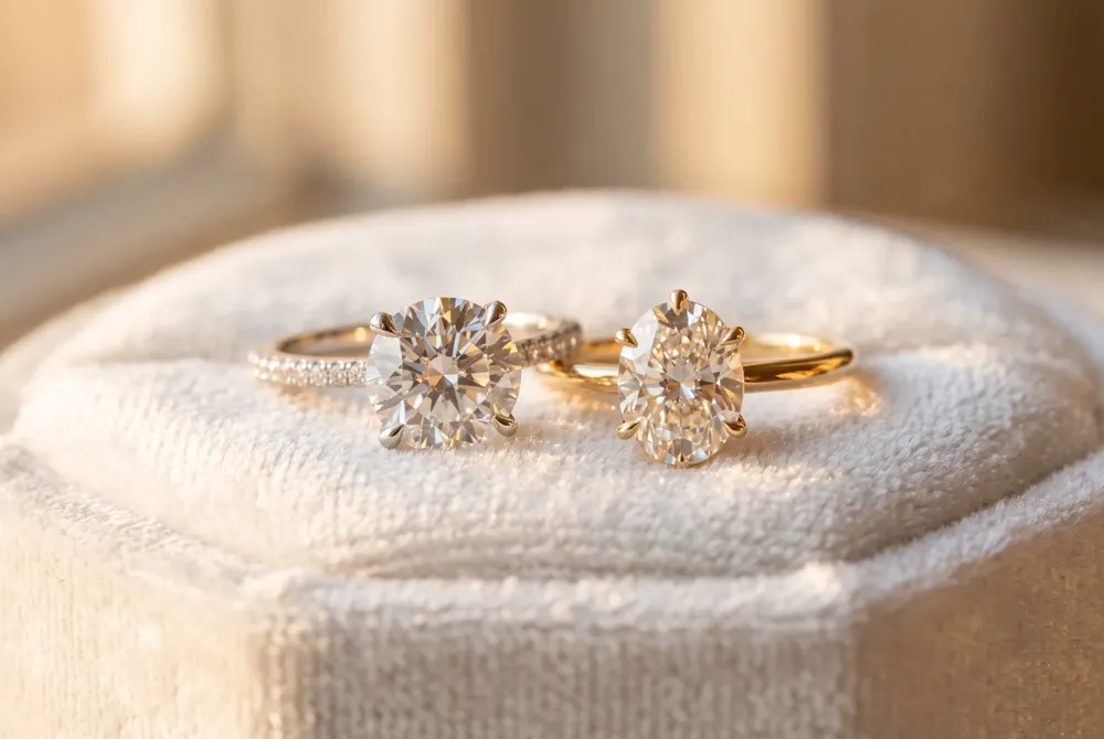 The engagement ring marks the promise of a future together, while the wedding ring seals that bond during the ceremony, each carrying its own moment and meaning.