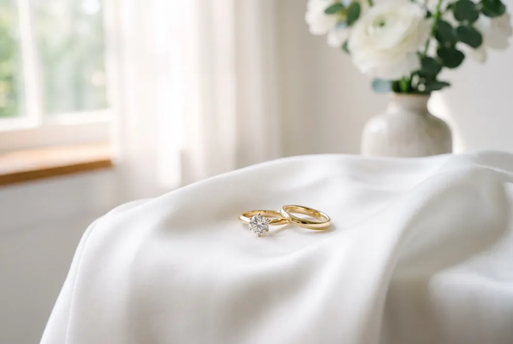 An engagement ring carries the promise of a future together, while the wedding band seals that promise as an eternal symbol of union.