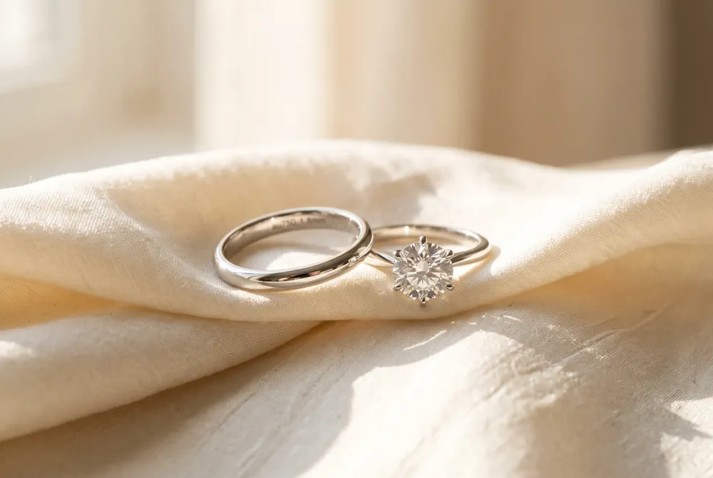 The engagement ring's higher price reflects its prominent center stone, while the wedding band's more accessible cost prioritizes everyday durability and comfort.
