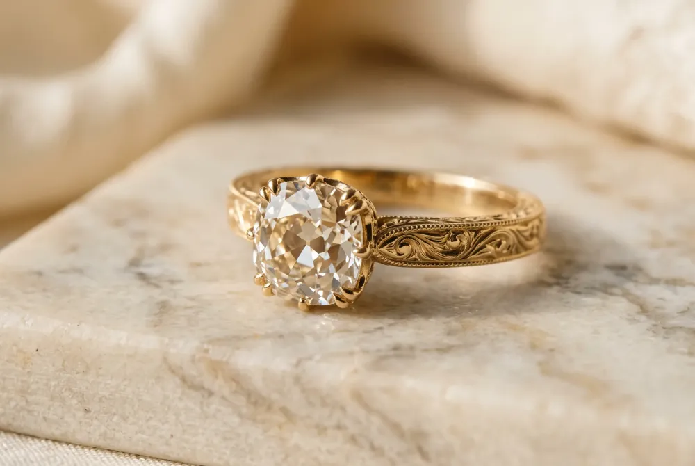 Explore the vintage-inspired craftsmanship of Taylor Swift’s engagement ring, from its rare old mine cut diamond to its hand-engraved yellow gold band.