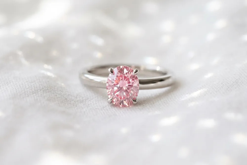 An exquisite single pink moissanite set on an unadorned band speaks volumes through its pure lines and unparalleled brilliance, embodying understated luxury.