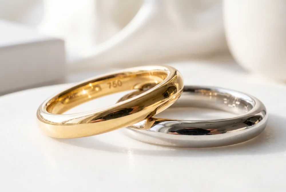 Discover the sophisticated balance between deep golden warmth and enduring strength as you select the perfect metal composition for your unique engagement ring.