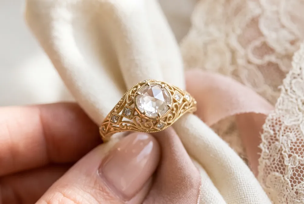 Intricate filigree, milgrain detailing, and rose-cut stones capture the romance of a bygone era without requiring a museum-level investment.
