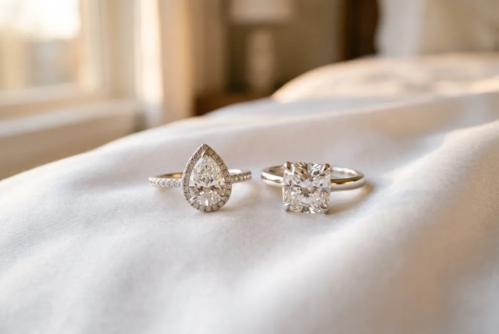 The Toi et Moi style pairs a pear-shaped diamond with a contrasting cut, symbolizing two souls united in elegant harmony.