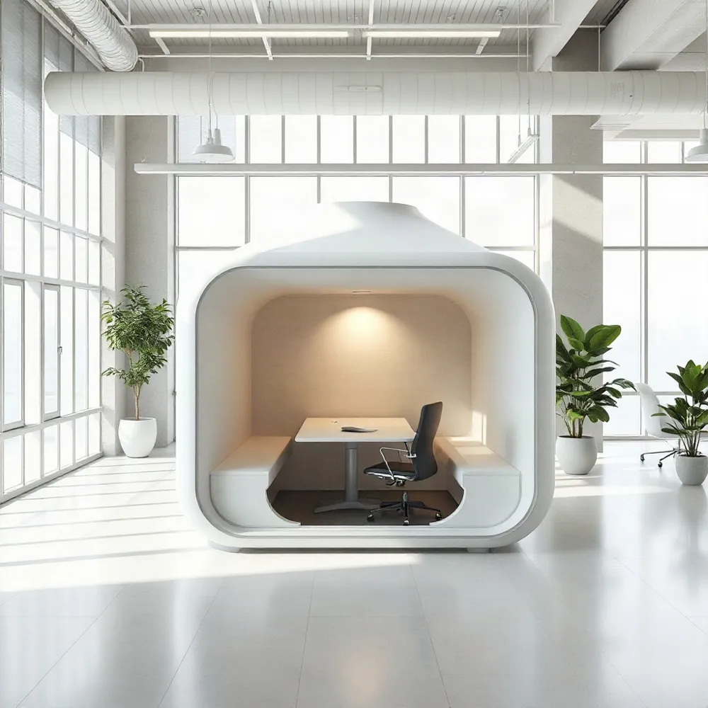 Boost productivity and employee wellbeing by integrating modular acoustic phone booths that provide a quiet sanctuary for deep, distraction-free work.