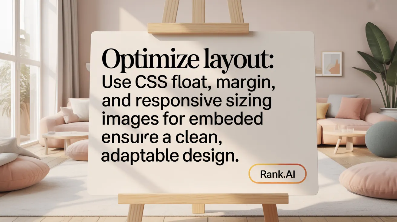 Optimize layout: use CSS float, margin, and responsive sizing for embedded images to ensure a clean, adaptable design.