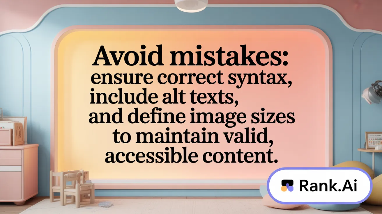 Avoid mistakes: ensure correct syntax, include alt texts, and define image sizes to maintain valid, accessible content.