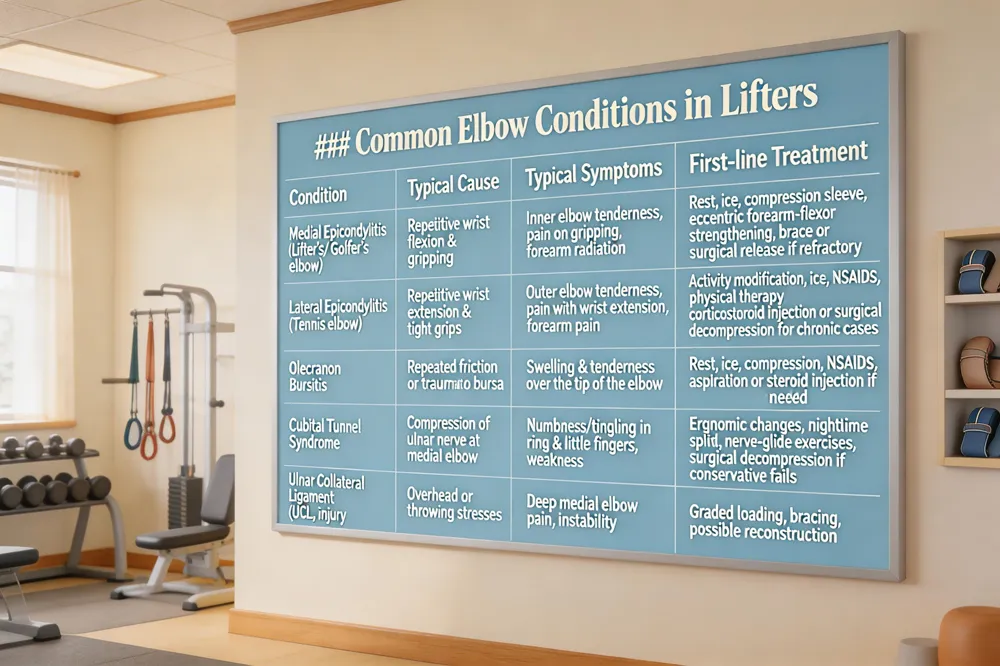 ### Common Elbow Conditions in Lifters
| Condition | Typical Cause | Typical Symptoms | First‑line Treatment |
|---|---|---|---|
| Medial Epicondylitis (Lifter’s/ Golfer’s elbow) | Repetitive wrist flexion & gripping | Inner elbow tenderness, pain on gripping, forearm radiation | Rest, ice, compression sleeve, eccentric forearm‑flexor strengthening, brace or surgical release if refractory |
| Lateral Epicondylitis (Tennis elbow) | Repetitive wrist extension & tight grips | Outer elbow tenderness, pain with wrist extension, forearm pain | Activity modification, ice, NSAIDs, physical therapy, corticosteroid injection or surgical decompression for chronic cases |
| Olecranon Bursitis | Repeated friction or trauma to ole cranon bursa | Swelling & tenderness over the tip of the elbow | Rest, ice, compression, NSAIDs, aspiration or steroid injection if needed |
| Cubital Tunnel Syndrome | Compression of ulnar nerve at medial elbow | Numbness/tingling in ring & little fingers, weakness | Ergonomic changes, nighttime splint, nerve‑glide exercises, surgical decompression if conservative fails |
| Ulnar Collateral Ligament (UCL) injury | Overhead or throwing stresses | Deep medial elbow pain, instability | Graded loading, bracing, possible reconstruction |
| 