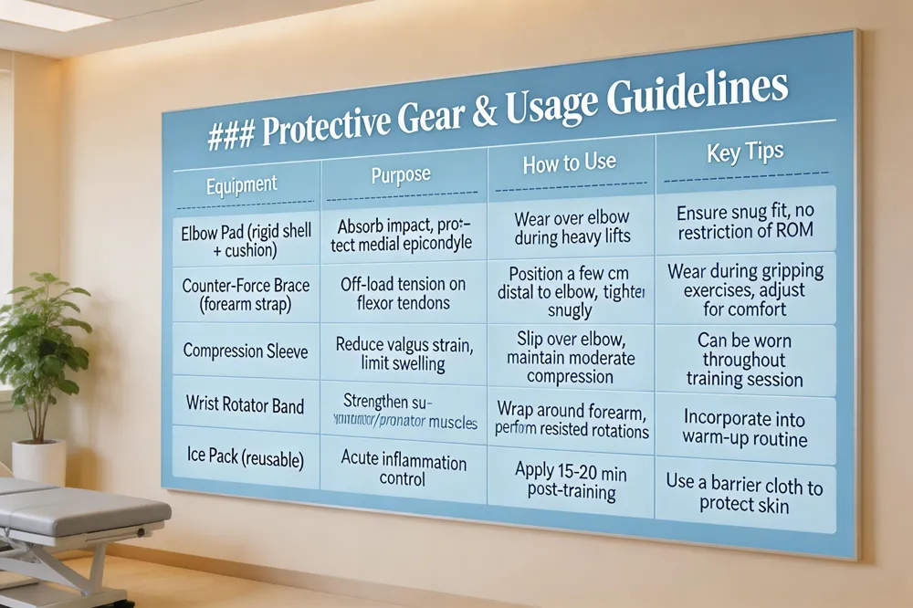 ### Protective Gear & Usage Guidelines
| Equipment | Purpose | How to Use | Key Tips |
|---|---|---|---|
| Elbow Pad (rigid shell + cushion) | Absorb impact, protect medial epicondyle | Wear over the elbow during heavy lifts | Ensure snug fit, no restriction of ROM |
| Counter‑Force Brace (forearm strap) | Off‑load tension on flexor tendons | Position a few cm distal to elbow, tighten snugly | Wear during gripping exercises, adjust for comfort |
| Compression Sleeve | Reduce valgus strain, limit swelling | Slip over elbow, maintain moderate compression | Can be worn throughout training session |
| Wrist Rotator Band | Strengthen supinator/pronator muscles | Wrap around forearm, perform resisted rotations | Incorporate into warm‑up routine |
| Ice Pack (reusable) | Acute inflammation control | Apply 15‑20 min post‑training | Use a barrier cloth to protect skin |
| 