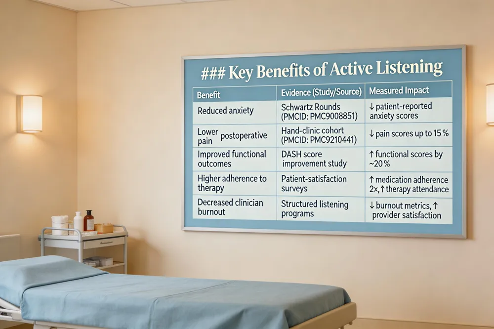 ### Key Benefits of Active Listening
| Benefit | Evidence (Study/Source) | Measured Impact |
|---|---|---|
| Reduced anxiety | Schwartz Rounds (PMCID: PMC9008851) | ↓ patient‑reported anxiety scores |
| Lower postoperative pain | Hand‑clinic cohort (PMCID: PMC9210441) | ↓ pain scores up to 15 % |
| Improved functional outcomes | DASH score improvement study | ↑ functional scores by ~20 % |
| Higher adherence to therapy | Patient‑satisfaction surveys | ↑ medication adherence 2×, ↑ therapy attendance |
| Decreased clinician burnout | Structured listening programs | ↓ burnout metrics, ↑ provider satisfaction |
| 