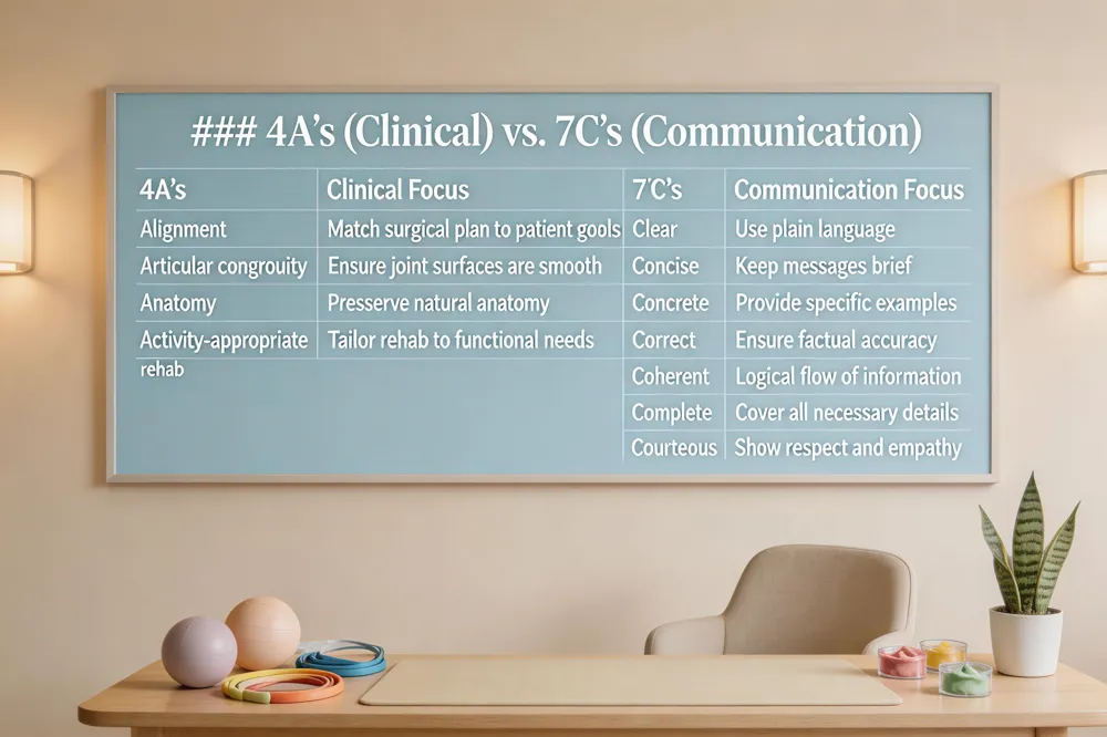 ### 4 A’s (Clinical) vs. 7 C’s (Communication)
| 4 A’s | Clinical Focus | 7 C’s | Communication Focus |
|---|---|---|---|
| Alignment | Match surgical plan to patient goals | Clear | Use plain language |
| Articular congruity | Ensure joint surfaces are smooth | Concise | Keep messages brief |
| Anatomy | Preserve natural anatomy | Concrete | Provide specific examples |
| Activity‑appropriate rehab | Tailor rehab to functional needs | Correct | Ensure factual accuracy |
| Coherent | Logical flow of information | ||
| Complete | Cover all necessary details | ||
| Courteous | Show respect and empathy | ||
| 