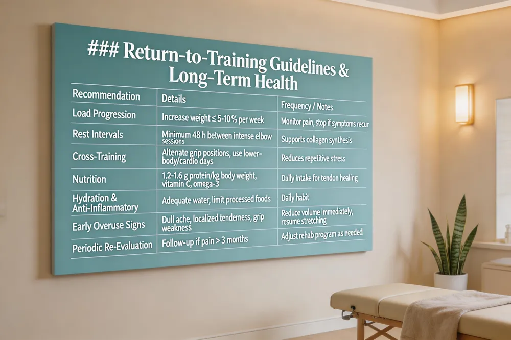 ### Return‑to‑Training Guidelines & Long‑Term Health
| Recommendation | Details | Frequency / Notes |
|---|---|---|
| Load Progression | Increase weight ≤ 5‑10 % per week | Monitor pain, stop if symptoms recur |
| Rest Intervals | Minimum 48 h between intense elbow sessions | Supports collagen synthesis |
| Cross‑Training | Alternate grip positions, use lower‑body/cardio days | Reduces repetitive stress |
| Nutrition | 1.2‑1.6 g protein/kg body weight, vitamin C, omega‑3 | Daily intake for tendon healing |
| Hydration & Anti‑Inflammatory Diet | Adequate water, limit processed foods | Daily habit |
| Early Overuse Signs | Dull ache, localized tenderness, grip weakness | Reduce volume immediately, resume stretching |
| Periodic Re‑Evaluation | Follow‑up with orthopedic specialist if pain > 3 months | Adjust rehab program as needed |
| 