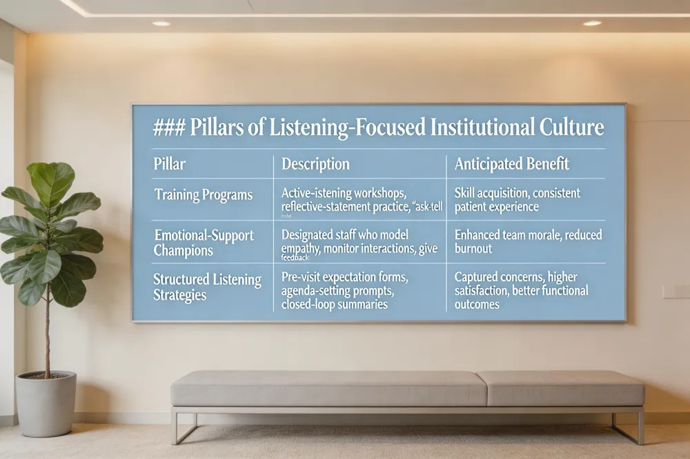 ### Pillars of Listening‑Focused Institutional Culture
| Pillar | Description | Anticipated Benefit |
|---|---|---|
| Training Programs | Active‑listening workshops, reflective‑statement practice, “ask‑tell‑ask” model | Skill acquisition, consistent patient experience |
| Emotional‑Support Champions | Designated staff who model empathy, monitor interactions, give feedback | Enhanced team morale, reduced burnout |
| Structured Listening Strategies | Pre‑visit expectation forms, agenda‑setting prompts, closed‑loop summaries | Captured concerns, higher satisfaction, better functional outcomes |
| 