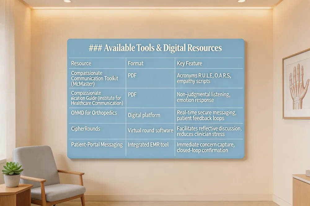 ### Available Tools & Digital Resources
| Resource | Format | Key Feature |
|---|---|---|
| Compassionate Communication Toolkit (McMaster) | Acronyms R.U.L.E., O.A.R.S., empathy scripts | |
| Compassionate Communication Guide (Institute for Healthcare Communication) | Techniques for non‑judgmental listening, emotion response | |
| OhMD for Orthopedics | Digital platform | Real‑time secure messaging, patient feedback loops |
| CipherRounds | Virtual round software | Facilitates reflective discussion, reduces clinician stress |
| Patient‑Portal Messaging | Integrated EMR tool | Immediate concern capture, closed‑loop confirmation |
| 